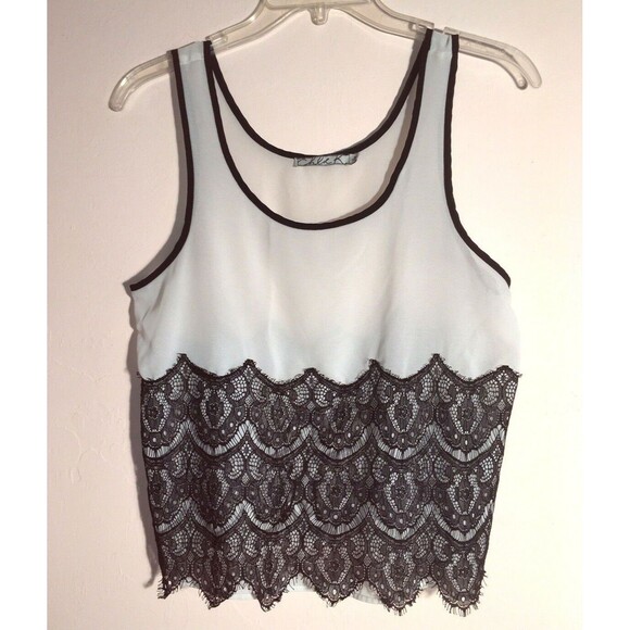CHLOE K sz M Sleeveless Ivory-White Stretch Black Lace Eyelash Trim Chiffon Top - Picture 2 of 5